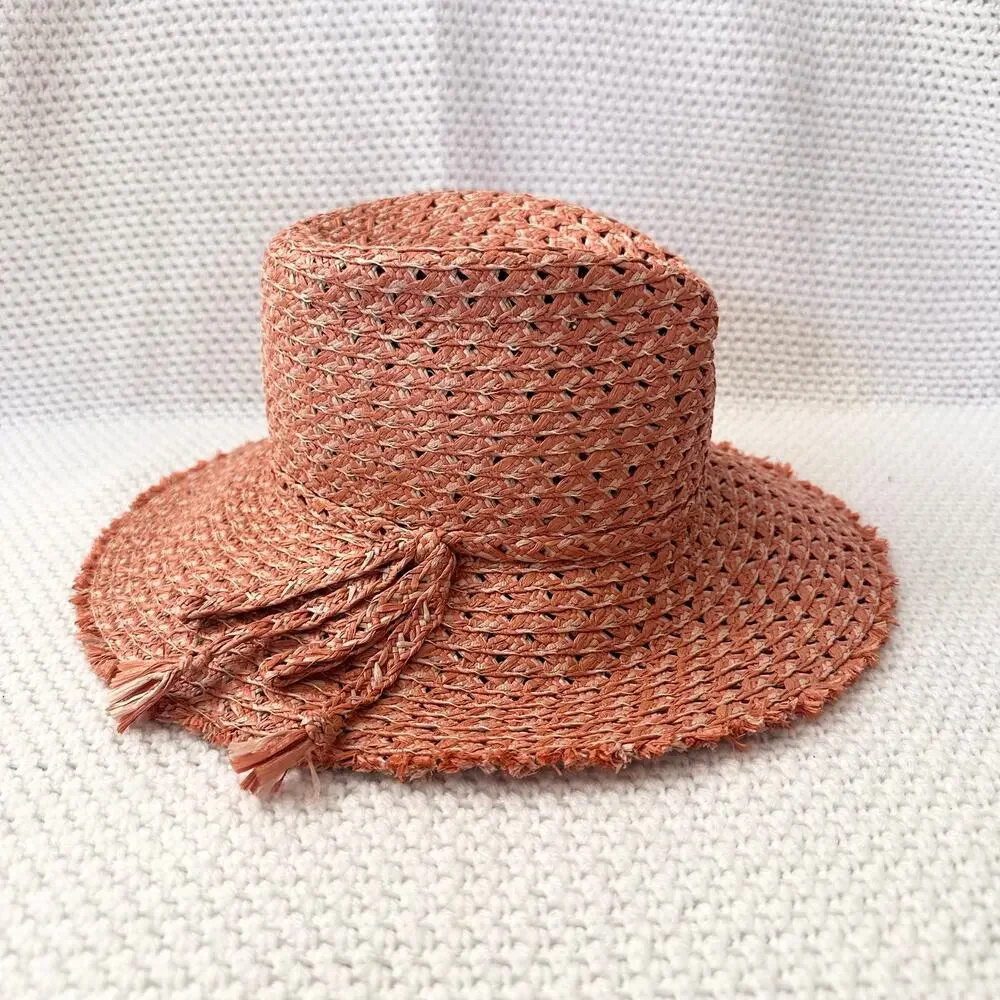Eric Javits Terracotta Pink Beige Ellie Straw Summer Raffia Packable Hat OS - Picture 2 of 9